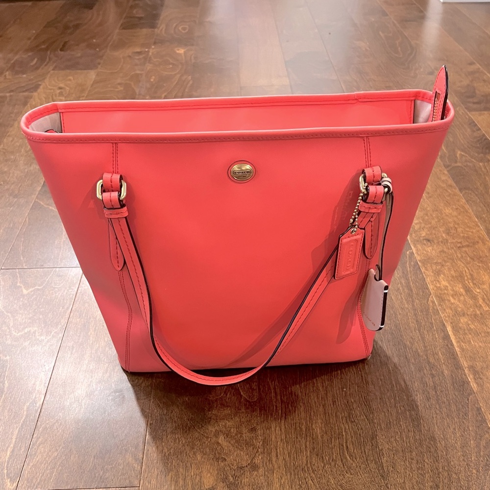 Coach Peyton Leather Saffiano Zip Tote Bag, Coral
